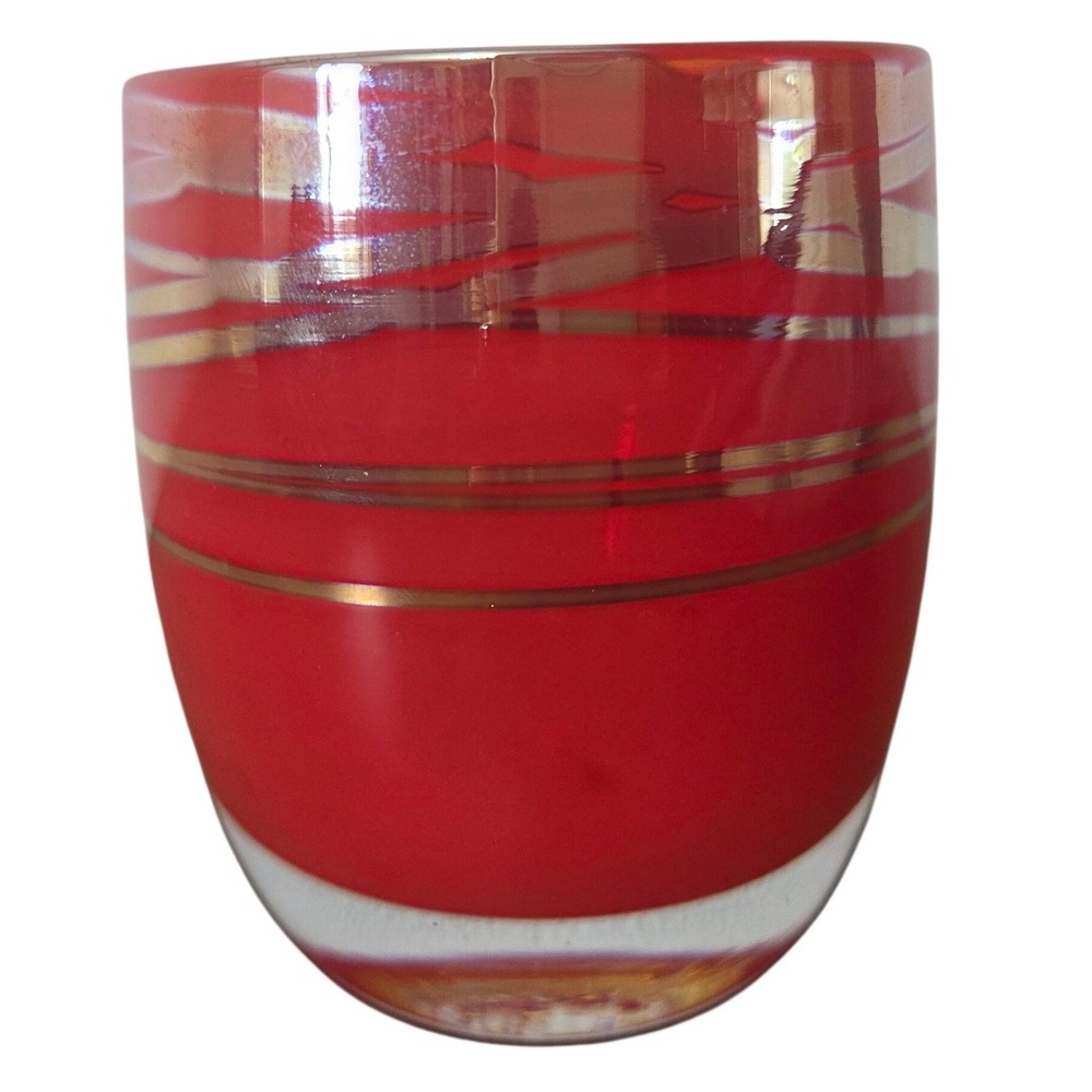 Glassybaby Hand Blown Glass Votive Candle Holder Red Gold Striped Exotic